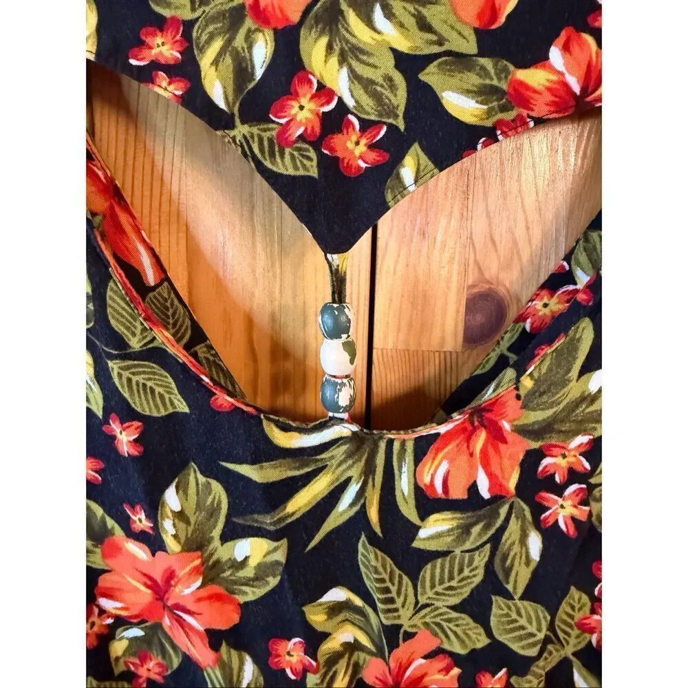 Vintage Erika Black Floral Button Front Sleeveless Midi Dress Size Large (7146)